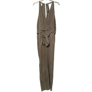 Express Surplice Wrap Jumpsuit Size 14 Olive Gray Sleeveless Belted Modal